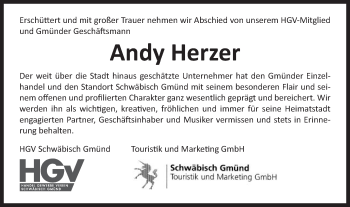 Traueranzeige von Andy Herzer von Gmünder Tagespost