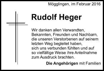 Traueranzeige von Rudolf Heger von Gmünder Tagespost