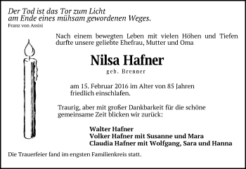 Traueranzeige von Nilsa Hafner von Schwäbische Post
