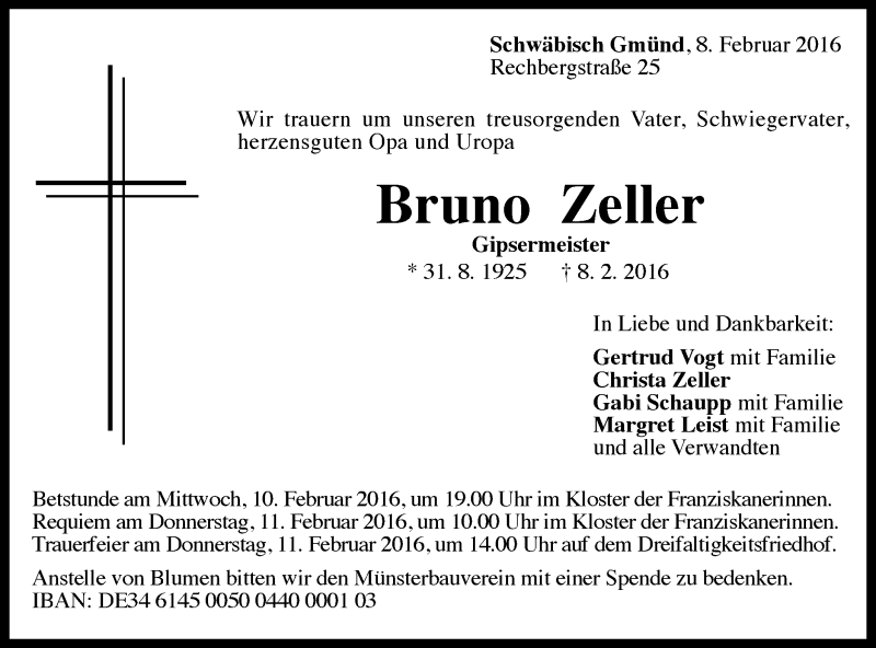  Traueranzeige für Bruno Zeller vom 09.02.2016 aus Gmünder Tagespost
