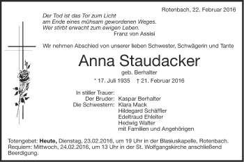 Traueranzeige von Anna Staudacker von Schwäbische Post