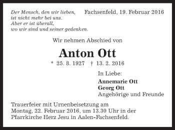 Traueranzeige von Anton Ott von Schwäbische Post