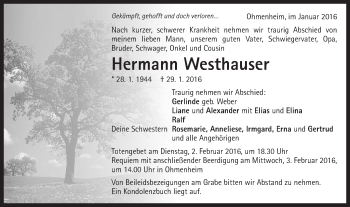 Traueranzeige von Hermann Westhauser von Schwäbische Post