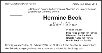 Traueranzeige von Hermine Beck von Schwäbische Post