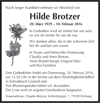 Traueranzeige von Hilde Brotzer von Gmünder Tagespost