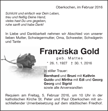 Traueranzeige von Franziska Gold von Schwäbische Post