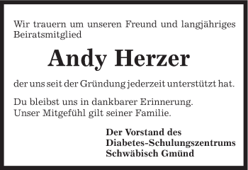 Traueranzeige von Andy Herzer von Gmünder Tagespost