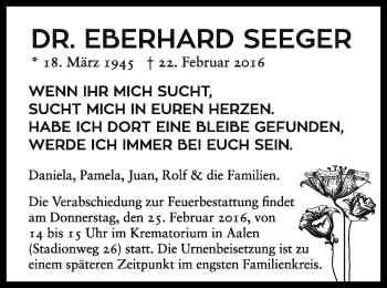 Traueranzeige von Eberhard Seeger von Schwäbische Post