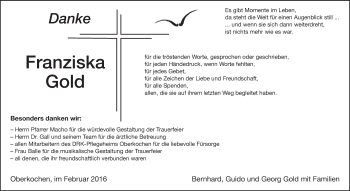 Traueranzeige von Franziska Gold von Amtsblatt_Oko