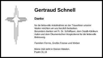 Traueranzeige von Gertraud Schnell von Schwäbische Post