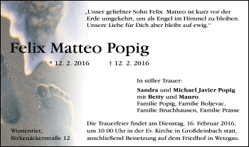 Traueranzeige von Felix Matteo Popig von Gmünder Tagespost