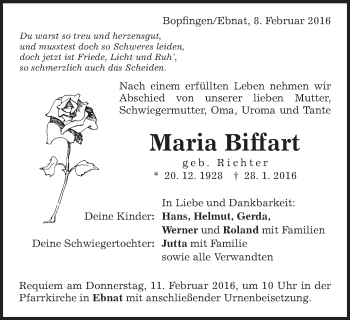Traueranzeige von Maria Biffart von Schwäbische Post
