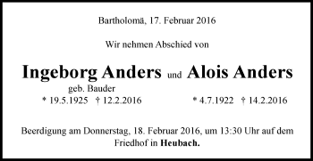 Traueranzeige von Ingeborg und Alois Anders von Gmünder Tagespost