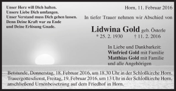 Traueranzeige von Lidwina Gold