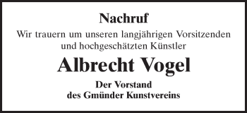 Traueranzeige von Albrecht Martin Vogel  von Gmünder Tagespost