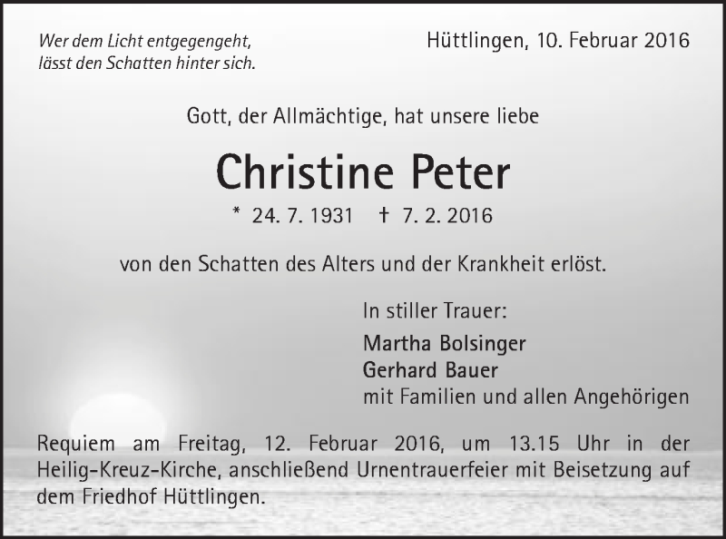  Traueranzeige für Christine Peter vom 10.02.2016 aus Schwäbische Post