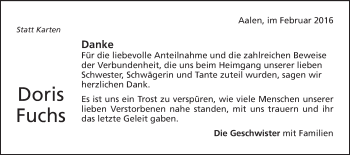 Traueranzeige von Doris Fuchs von Schwäbische Post