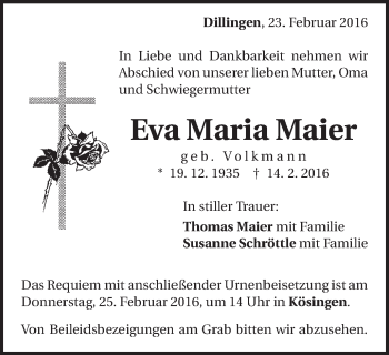 Traueranzeige von Eva Maria Maier von Schwäbische Post
