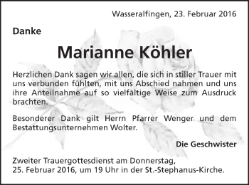 Traueranzeige von Marianne Köhler von Schwäbische Post