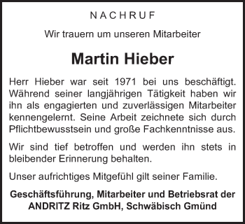 Traueranzeige von Martin Hieber von Gmünder Tagespost