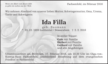 Traueranzeige von Ida Filla von Schwäbische Post