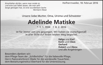 Traueranzeige von Adelinde Matiske von Schwäbische Post