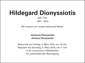 Traueranzeige von Hildegard Dionyssiotis von Gmünder Tagespost