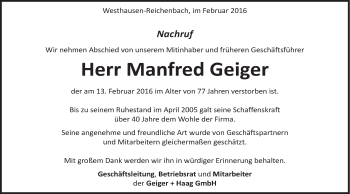 Traueranzeige von Manfred Geiger von Schwäbische Post