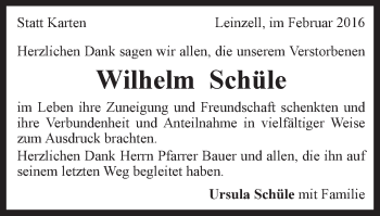 Traueranzeige von Wilhelm Schüle
