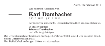 Traueranzeige von Karl Dambacher von Schwäbische Post