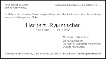 Traueranzeige von Herbert Radmacher von Gmünder Tagespost