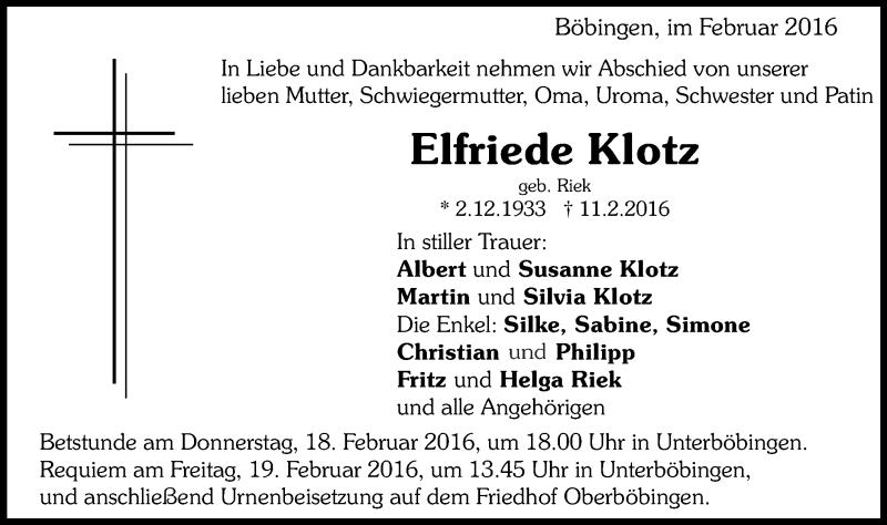  Traueranzeige für Elfriede Klotz vom 16.02.2016 aus Gmünder Tagespost