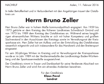 Traueranzeige von Bruno Zeller von Gmünder Tagespost