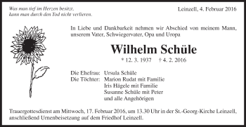 Traueranzeige von Wilhelm Schüle von Gmünder Tagespost