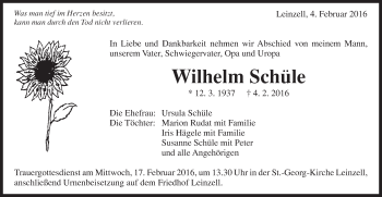 Traueranzeige von Wilhelm Schüle