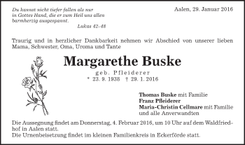 Traueranzeige von Margarethe Buske von Schwäbische Post