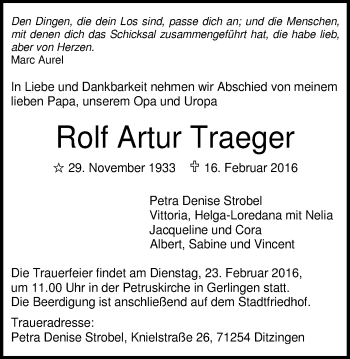 Traueranzeige von Rolf Artur Traeger von Schwäbische Post
