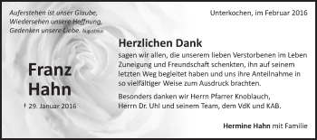 Traueranzeige von Franz Hahn von Schwäbische Post