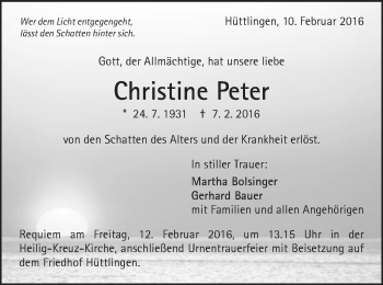 Traueranzeige von Christine Peter von Schwäbische Post