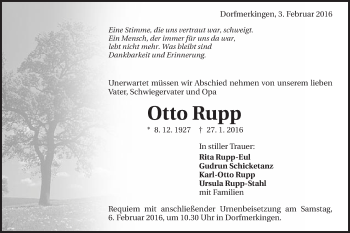 Traueranzeige von Otto Rupp von Schwäbische Post