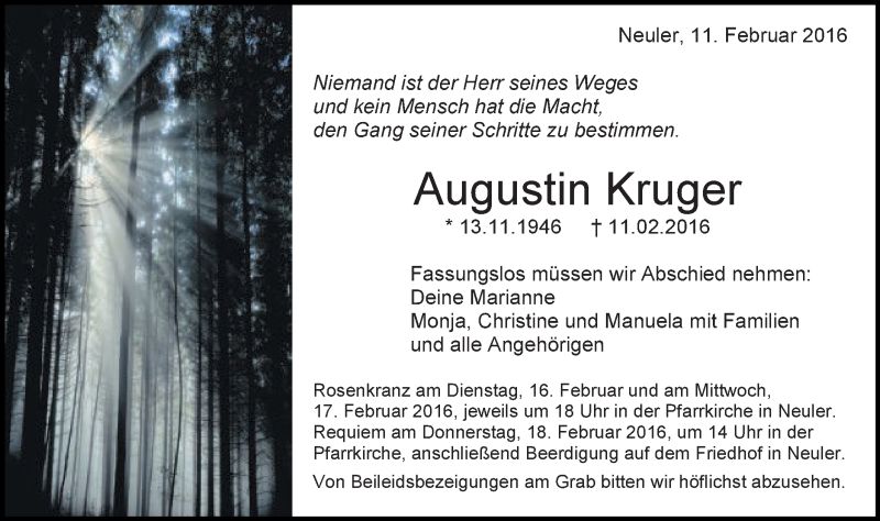  Traueranzeige für Augustin Kruger vom 15.02.2016 aus Schwäbische Post