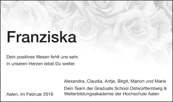 Traueranzeige von Franziska  von Schwäbische Post
