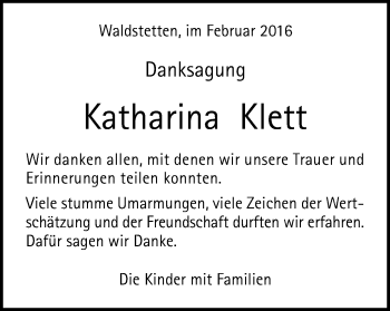 Traueranzeige von Katharina Klett von Gmünder Tagespost