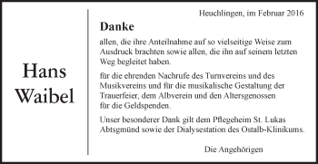 Traueranzeige von Hans Waibel von Gmünder Tagespost
