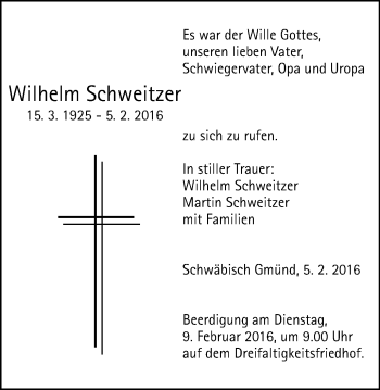 Traueranzeige von Wilhelm Schweitzer von Gmünder Tagespost