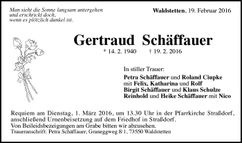 Traueranzeige von Gertraud Schäffauer von Gmünder Tagespost