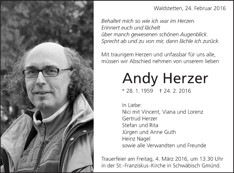  Traueranzeige für Andy Herzer vom 27.02.2016 aus Gmünder Tagespost