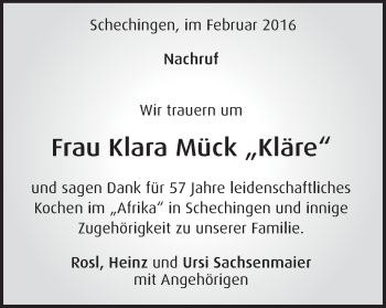 Traueranzeige von Klara Mück von Gmünder Tagespost