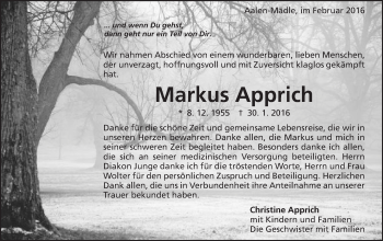 Traueranzeige von Markus Apprich von Schwäbische Post
