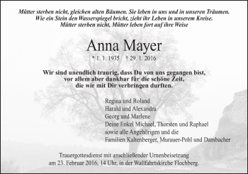 Traueranzeige von Anna Mayer von Schwäbische Post